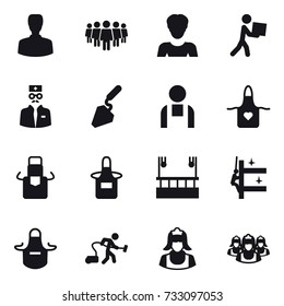 16 vector icon set : man, team, woman, courier, construction, apron, skyscapers cleaning, skyscrapers cleaning, vacuum cleaner, cleaner, outsource