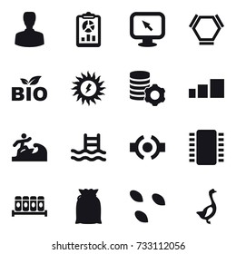 16 vector icon set : man, report, monitor arrow, hex molecule, bio, sun power, virtual mining, surfer, pool, seeds, goose