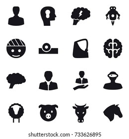 16 vector icon set : man, bulb head, brain, jet robot, sheep, pig, cow, horse