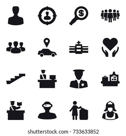 16 vector icon set : man, target audience, dollar magnifier, team, group, car pointer, stairs, baggage checking, inspector, garbage bin, cleaner