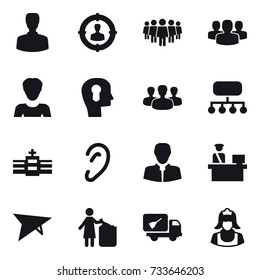 16 vector icon set : man, target audience, team, group, woman, bulb head, structure, deltaplane, garbage bin, home call cleaning, cleaner