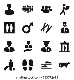 16 vector icon set : man, team, group, courier, wc, detector, passenger, slippers, cow