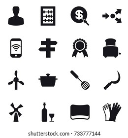 16 vector icon set : man, abacus, dollar arrow, core splitting, phone wireless, singlepost, medal, toaster, pan, whisk, sickle, windmill, wine, sponge, gloves