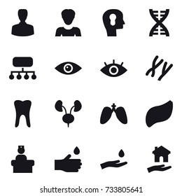16 vector icon set : man, woman, bulb head, dna, structure, hand drop, hand and drop, housing
