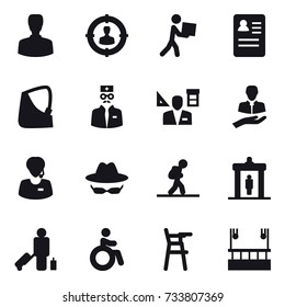 16 vector icon set : man, target audience, courier, architector, tourist, detector, passenger, invalid, Chair for babies, skyscapers cleaning