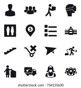 16 vector icon set : man, group, courier, virtual mask, wc, dollar pin, list, stairs, deltaplane, vacuum cleaner, garbage bin, home call cleaning, cleaner, outsource