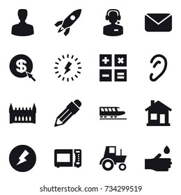 16 vector icon set : man, rocket, call center, mail, dollar arrow, lightning, calculator, gothic architecture, pencil, train, home, electricity, tractor, hand drop
