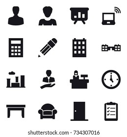 16 vector icon set : man, woman, presentation, notebook wireless, calculator, pencil, building, school, city, reception, watch, table, armchair, door, clipboard list