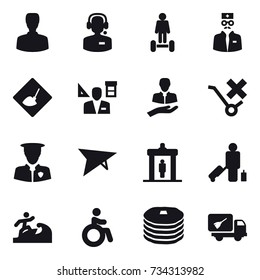 16 vector icon set : man, call center, hoverboard, under construction, architector, deltaplane, detector, passenger, surfer, invalid, home call cleaning