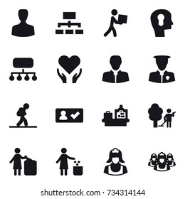 16 vector icon set : man, hierarchy, courier, bulb head, structure, tourist, check in, baggage checking, garden cleaning, garbage bin, cleaner, outsource