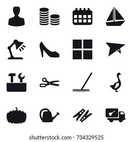 16 vector icon set : man, coin stack, calendar, boat, table lamp, shoes, window, deltaplane, repair tools, scissors, rake, goose, pumpkin, watering can, clothespin, home call cleaning