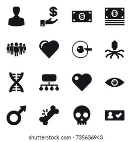 16 vector icon set : man, investment, money, team, heart, cell corection, virus, dna, structure, check in