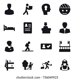 16 vector icon set : man, courier, bulb head, tourist, check in, skyscapers cleaning, skyscrapers cleaning, garden cleaning, vacuum cleaner, cleaner