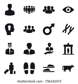 16 vector icon set : man, team, group, eye, bulb head, detector, passenger, slippers, cow
