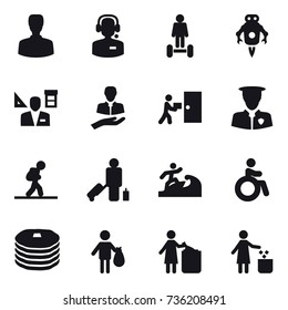 16 vector icon set : man, call center, hoverboard, jet robot, architector, tourist, passenger, surfer, invalid, trash, garbage bin