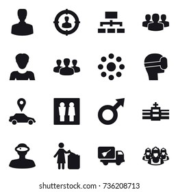 16 vector icon set : man, target audience, hierarchy, group, woman, round around, virtual mask, car pointer, wc, garbage bin, home call cleaning, outsource