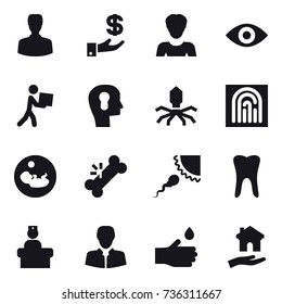 16 vector icon set : man, investment, woman, eye, courier, bulb head, virus, fingerprint, hand drop, housing