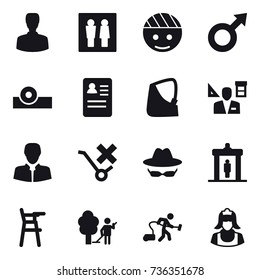 16 vector icon set : man, wc, architector, detector, Chair for babies, garden cleaning, vacuum cleaner, cleaner