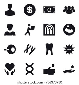16 vector icon set : man, dollar, money, group, woman, courier, fingerprint, hand drop, hand and drop