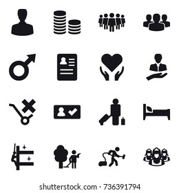 16 vector icon set : man, coin stack, team, group, check in, passenger, bed, skyscrapers cleaning, garden cleaning, vacuum cleaner, outsource
