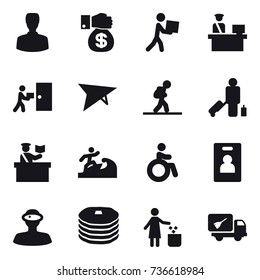 16 vector icon set : man, money gift, courier, deltaplane, tourist, passenger, inspector, surfer, invalid, identity card, garbage bin, home call cleaning