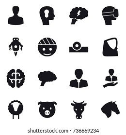 16 vector icon set : man, bulb head, brain, virtual mask, jet robot, sheep, pig, cow, horse