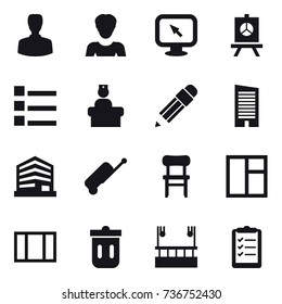 16 vector icon set : man, woman, monitor arrow, presentation, list, pencil, skyscraper, suitcase, chair, window, trash bin, skyscapers cleaning, clipboard list