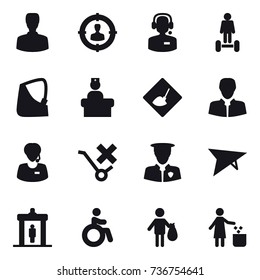 16 vector icon set : man, target audience, call center, hoverboard, under construction, deltaplane, detector, invalid, trash, garbage bin