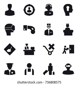 16 vector icon set : man, target audience, call center, bulb head, virtual mask, hand coin, under construction, passenger
