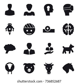 16 vector icon set : man, woman, bulb head, virtual mask, jet robot, dog, sheep, pig, cow, horse