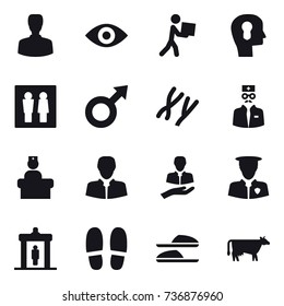 16 vector icon set : man, eye, courier, bulb head, wc, detector, slippers, cow