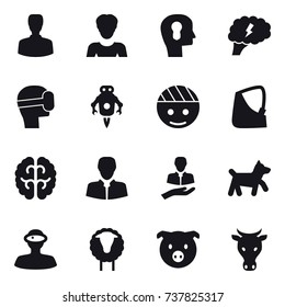 16 vector icon set : man, woman, bulb head, brain, virtual mask, jet robot, dog, sheep, pig, cow