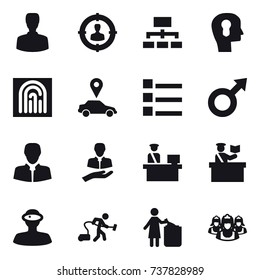 16 vector icon set : man, target audience, hierarchy, bulb head, fingerprint, car pointer, list, inspector, vacuum cleaner, garbage bin, outsource