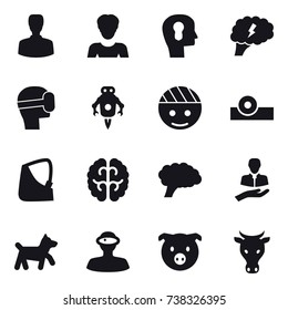 16 vector icon set : man, woman, bulb head, brain, virtual mask, jet robot, dog, pig, cow