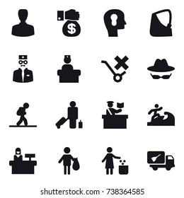 16 vector icon set : man, money gift, bulb head, tourist, passenger, inspector, surfer, reception, trash, garbage bin, home call cleaning