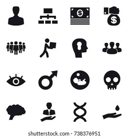 16 vector icon set : man, hierarchy, money, money gift, team, courier, bulb head, group, hand and drop