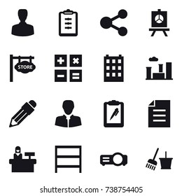 16 vector icon set : man, clipboard, share, presentation, store signboard, calculator, building, city, pencil, reception, rack, bucket and broom