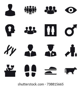 16 vector icon set : man, team, group, eye, bulb head, wc, passenger, inspector, slippers, cow