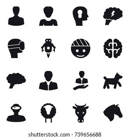 16 vector icon set : man, woman, bulb head, brain, virtual mask, jet robot, dog, sheep, cow, horse