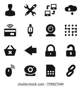 16 vector icon set : man, pencil wrench, notebook connect, cloude service, tap to pay, smartwatch, web cam, chip, delete cart, left arrow, lock, unlocked