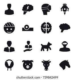 16 vector icon set : man, brain, virtual mask, jet robot, dog, sheep, pig, cow, horse