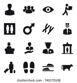 16 vector icon set : man, group, eye, courier, wc, detector, passenger, slippers, cow