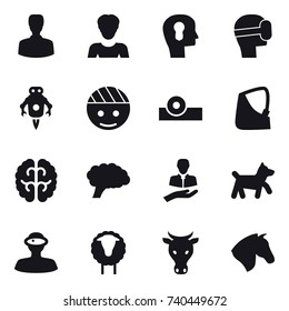 16 vector icon set : man, woman, bulb head, virtual mask, jet robot, dog, sheep, cow, horse