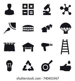 16 vector icon set : man, calculator, airport building, houses, curtain, garage, hair dryer, stairs, pan, hand drop