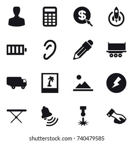 16 vector icon set : man, calculator, dollar arrow, rocket, battery, pencil, photo, landscape, electricity, iron board, bell, wiping