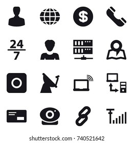 16 vector icon set : man, globe, dollar, phone, 24/7, woman, server, map, ring button