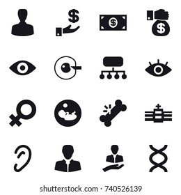 16 vector icon set : man, investment, money, money gift, eye, cell corection, structure