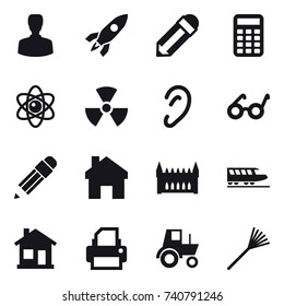 16 vector icon set : man, rocket, pencil, calculator, atom, nuclear, home, gothic architecture, train, tractor, rake