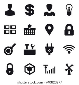 16 vector icon set : man, dollar, woman, bulb, panel house, university, locked, pan, repair tools, windmill