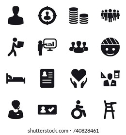 16 vector icon set : man, target audience, coin stack, team, courier, presentation, group, architector, check in, invalid, Chair for babies